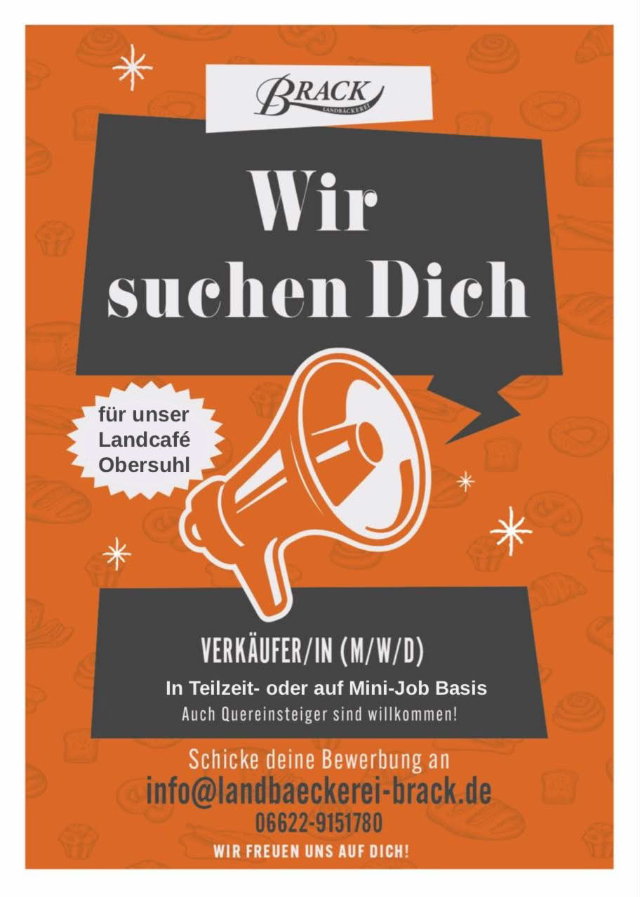 Wir suchen Verkaufspersonal für unser Landcafé Brack Obersuhl